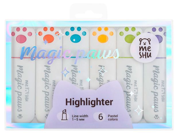 Набор текстовыделителей Meshu Cute Paws пастельные цвета 1-5 мм, 6 цветов