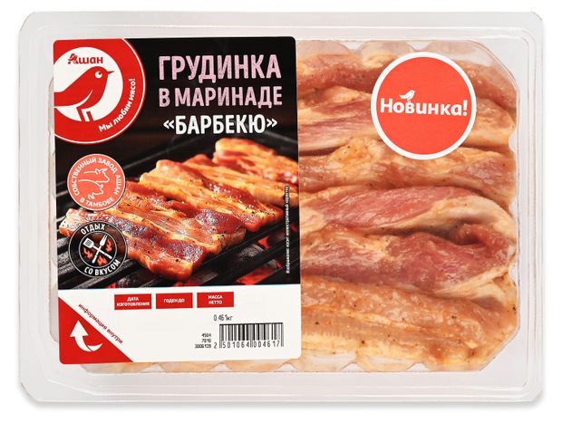 Грудинка свиная АШАН Красная птица в маринаде Барбекю охлажденная, ~ 0,4 кг