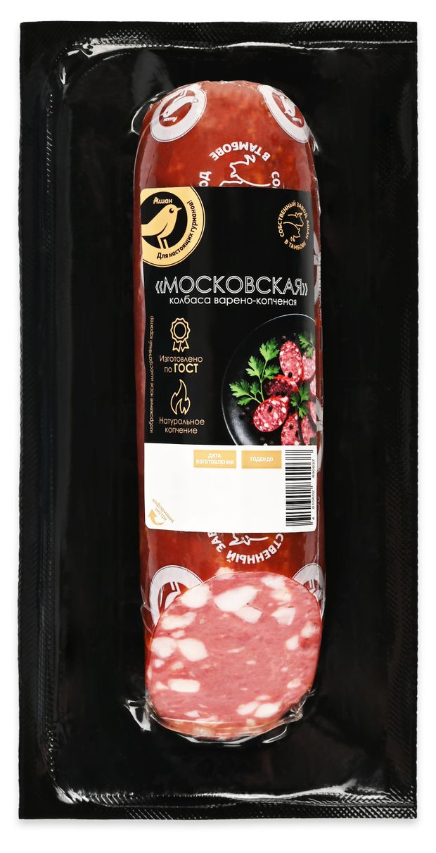 Колбаса варено-копченая АШАН Золотая птица Московская ГОСТ, 400 г