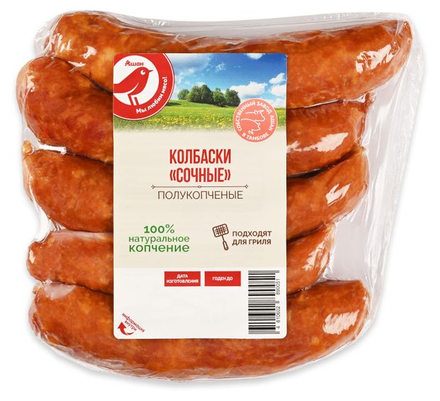 Колбаски полукопченые АШАН Красная птица Сочные, 300 г