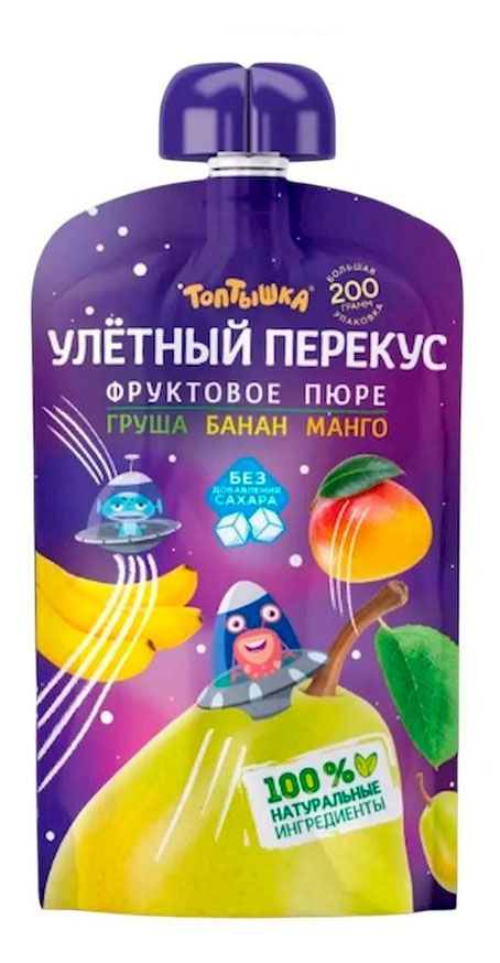 Пюре фруктовое Топтышка Улетный перекус груша банан манго Беларусь, 200 г