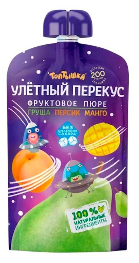 Пюре фруктовое Топтышка Улетный перекус груша персик манго Беларусь, 200 г