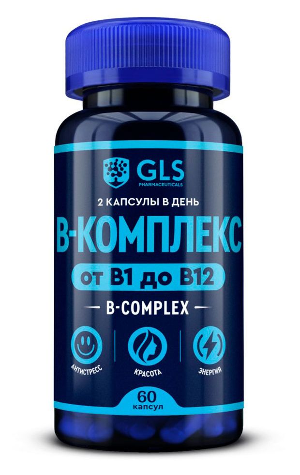БАД GLS Pharmaceuticals B-комплекс от B1 до B12 430 мг, 60 капсул