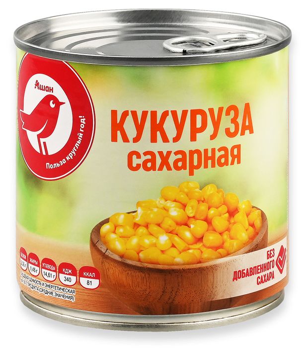 Кукуруза молочная АШАН Красная птица без добавленного сахара, 340 г