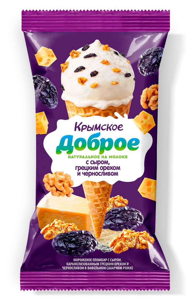 Мороженое пломбир Доброе Крымское с сыром карамелизованным грецким орехом и черносливом в сахарном рожке 12% БЗМЖ, 70 г