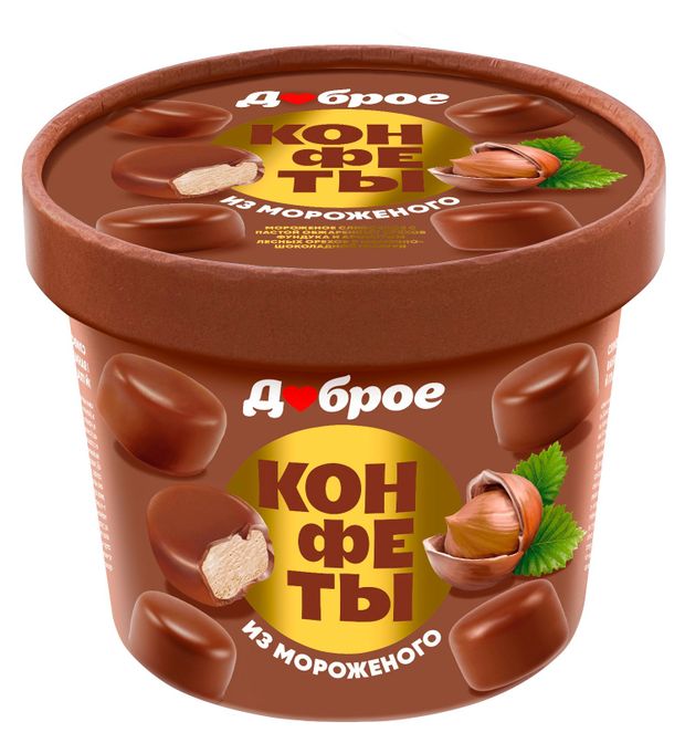 Мороженое сливочное Доброе Конфеты с пастой обжаренных орехов фундука в молочно-шоколадной глазури БЗМЖ, 80 г