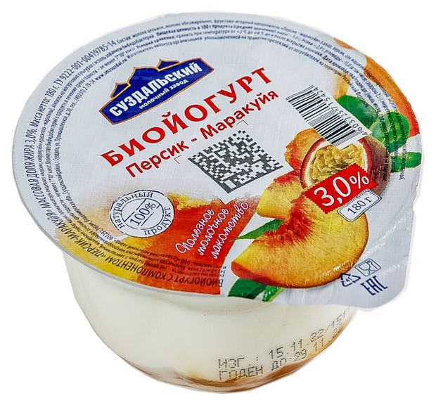 Биойогурт густой ложковый Суздальский молочный завод Персик-Маракуйя 3% БЗМЖ, 180 г