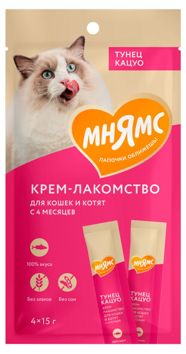 Крем-лакомство для кошек Мнямс с тунцом Кацуо, 4x15 г