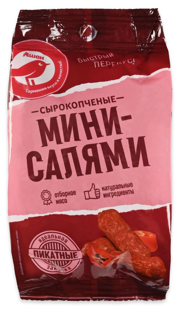 Мясные снеки Колбаски сырокопченые АШАН Красная птица Мини-салями пикантные, 50 г