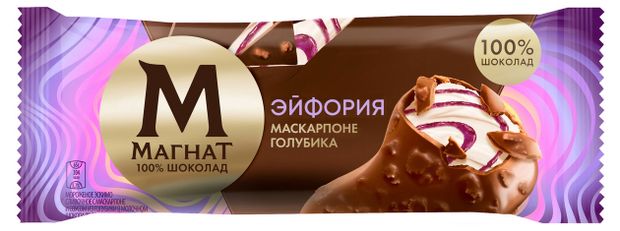 Мороженое сливочное Магнат Эйфория с маскарпоне и голубикой в молочном шоколаде с вафельной крошкой эскимо 8% БЗМЖ, 65 г