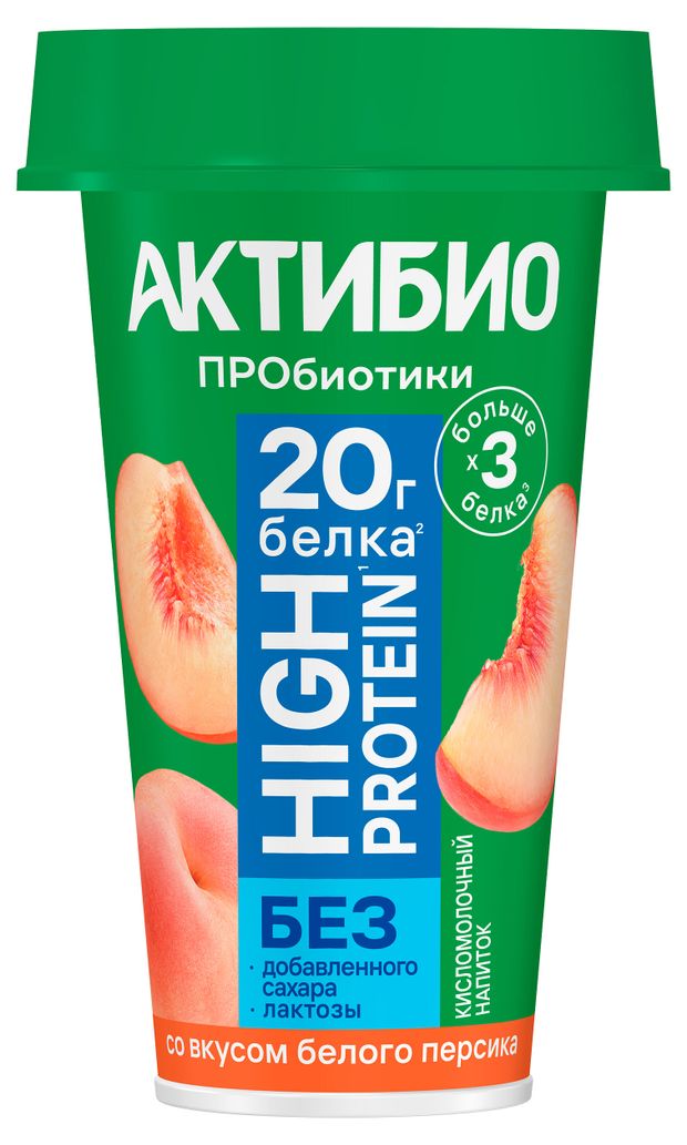 Напиток кисломолочный АктиБио Hi-Pro со вкусом белого персика без лактозы без добавленного сахара 1,5% БЗМЖ, 190 г
