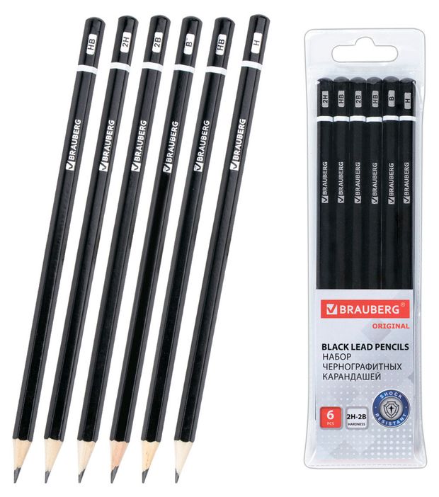 Карандаши чернографитные BRAUBERG Touch Line 2H-2B, 6 штук