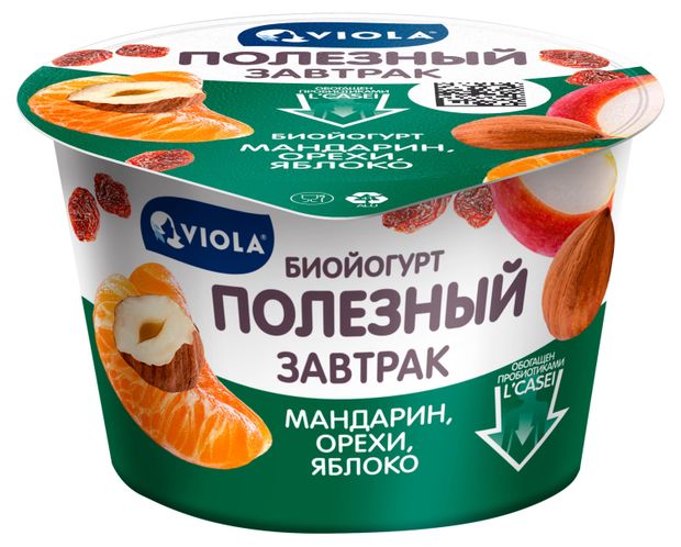 Биойогурт густой ложковый Viola Полезный завтрак с мандарином яблоком изюмом и фундуком 5%, 180 г