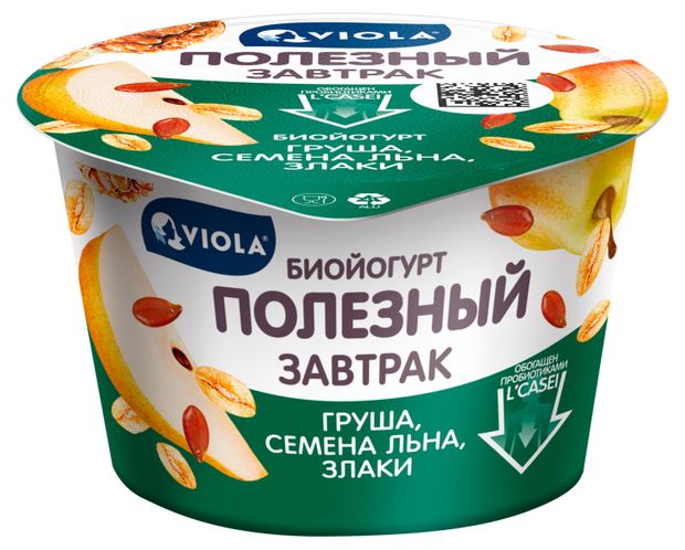 Биойогурт густой ложковый Viola Полезный завтрак с грушей грецким орехом злаками и семенами льна 5%, 180 г