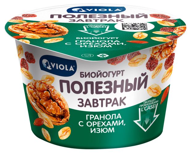 Биойогурт густой ложковый Viola Полезный завтрак с гранолой и изюмом 5%, 180 г