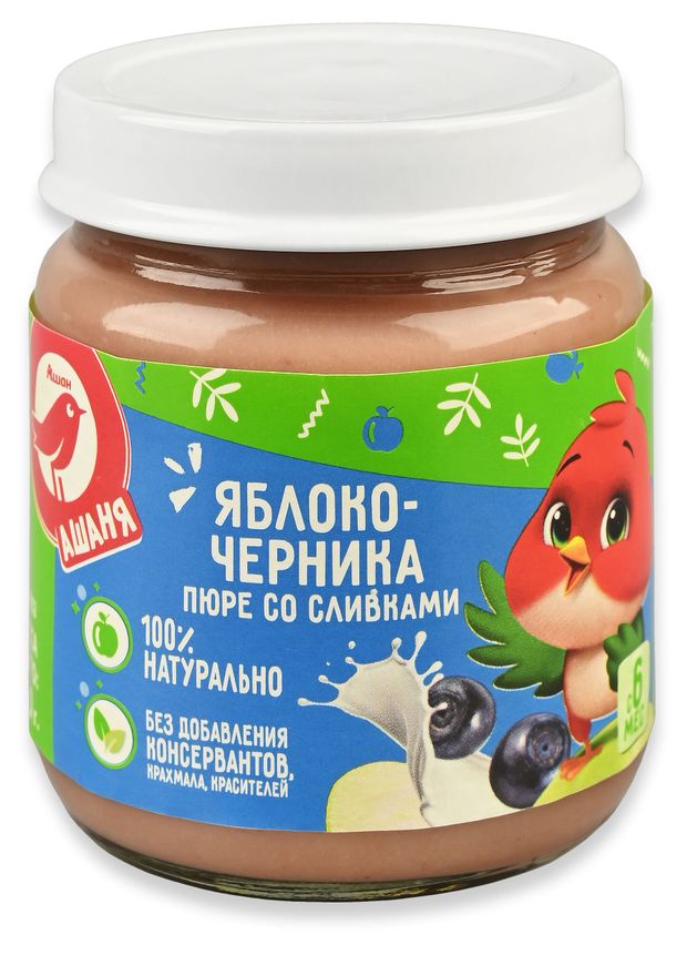 Пюре АШАН Красная птица Ашаня яблоко-черника со сливками Беларусь, 100 г