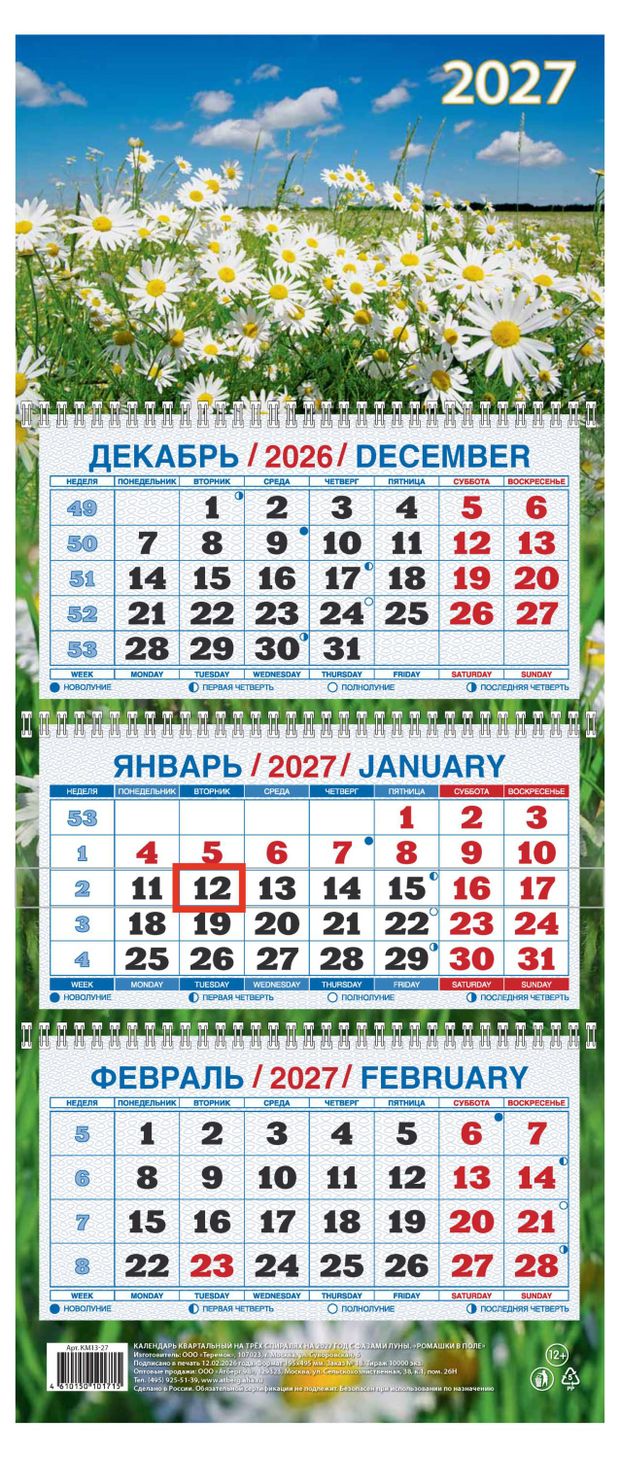 Календарь квартальный Дитон Ромашки в поле на 2027 г, 310х680 мм