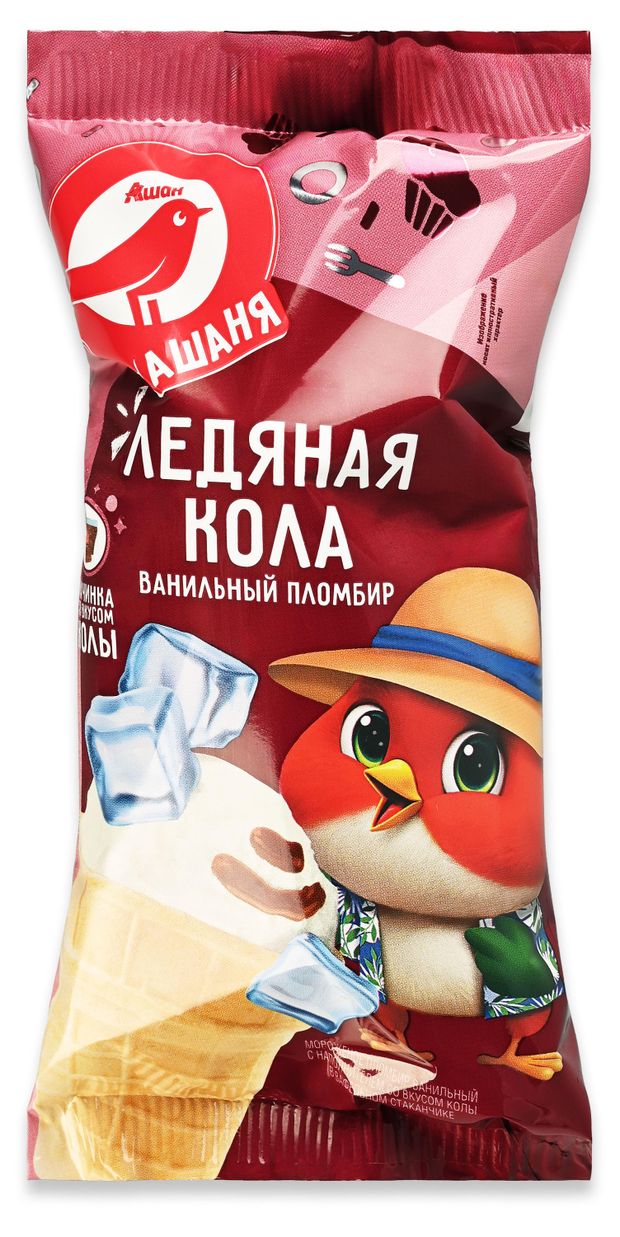 Мороженое пломбир АШАН Красная птица Ашаня ванильный с наполнителем со вкусом колы в вафельном стаканчике 12% БЗМЖ, 80 г