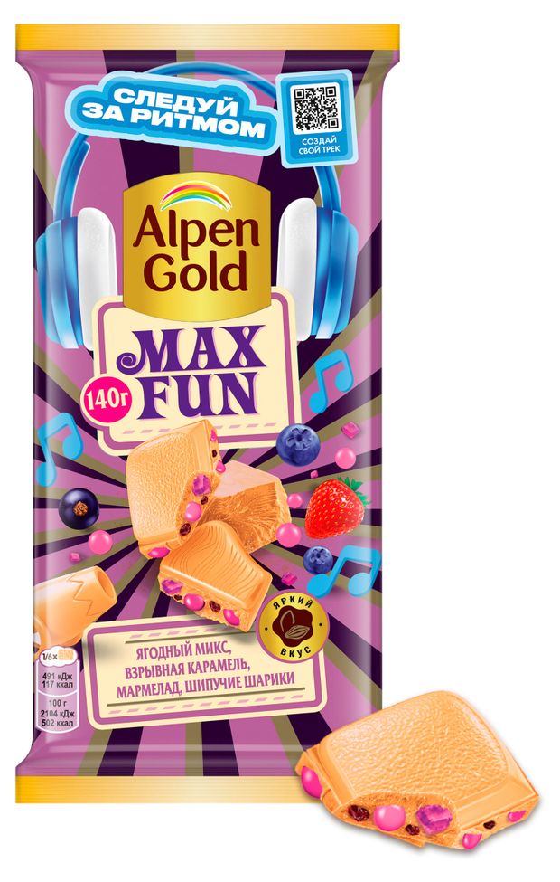 Шоколад белый Alpen Gold Max Fun Ягодный микс взрывная карамель мармелад шипучие шарики, 140 г