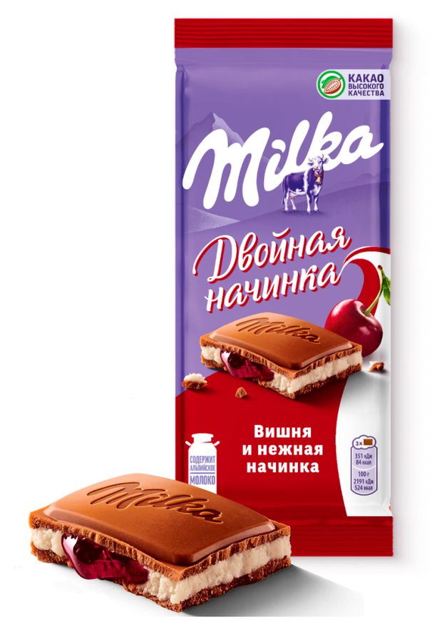 Шоколад молочный Milka двойная начинка вишня, 80 г