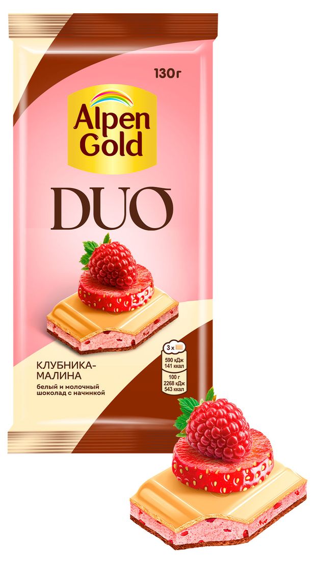 Шоколад белый и молочный Alpen Gold DUO с начинкой малина-клубника, 130 г