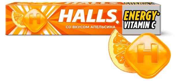 Карамель леденцовая Halls с витамином С и вкусом апельсина, 25 г