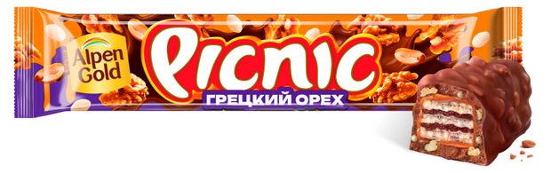 Шоколадный батончик Picnic c грецким орехом изюмом мягкой карамелью, 52 г