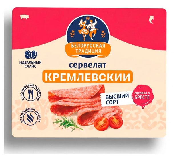 Колбаса варено-копченая Белорусские традиции Сервелат Кремлевский нарезка Беларусь, 80 г