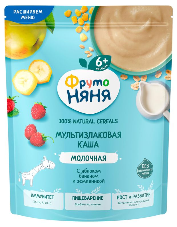 Каша молочная ФрутоНяня мультизлаковая с яблоком бананом и земляникой с 6 мес., 190 г