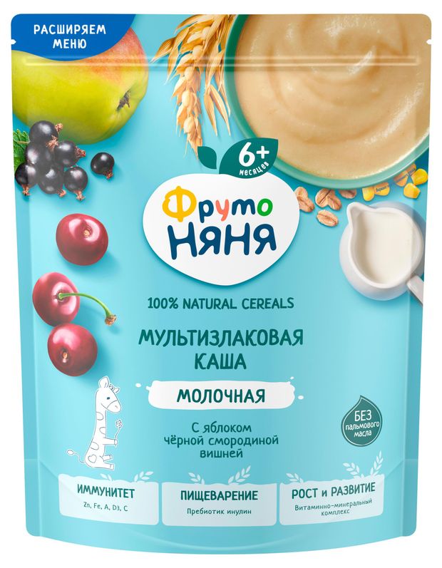 Каша молочная ФрутоНяня мультизлаковая яблоко черная смородина вишня с 6 мес., 190 г