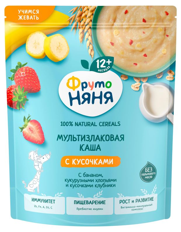 Каша молочная ФрутоНяня мультизлаковая с бананом и кусочками клубники с 12 мес., 190 г