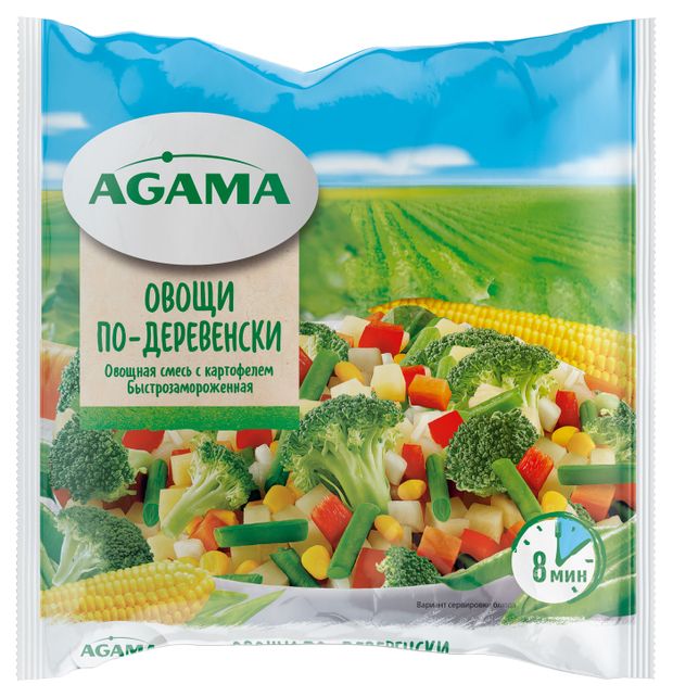 Овощная смесь Agama Овощи по деревенски картофель морковь стручковая фасоль капуста брокколи лук кукуруза сладкий перец замороженная, 400 г