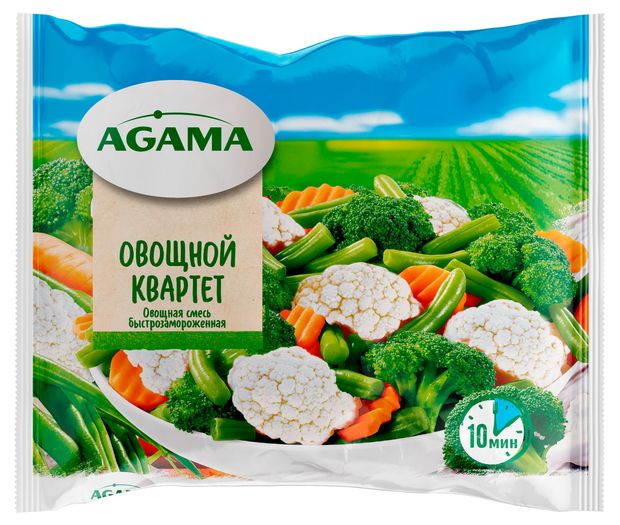 Овощная смесь Agama Квартет овощной капуста цветная и брокколи морковь стручковая фасоль замороженная, 400 г