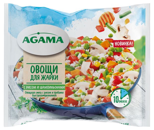 Овощная смесь Овощи для жарки Agama зеленый горошек сладкий перец морковь лук кукуруза с рисом и шампиньонами замороженные, 400 г
