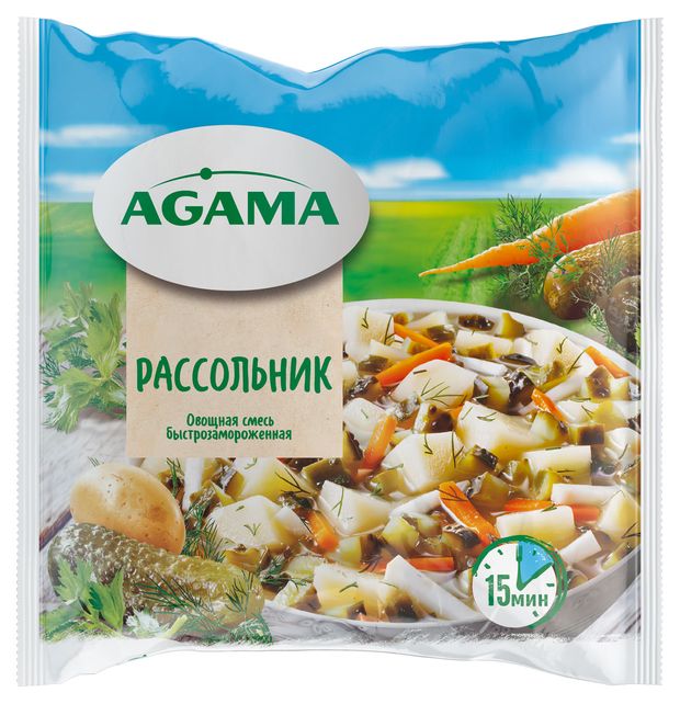 Овощная суповая смесь Рассольник Agama картофель морковь с квашенными огурцами и зеленью замороженная, 400 г