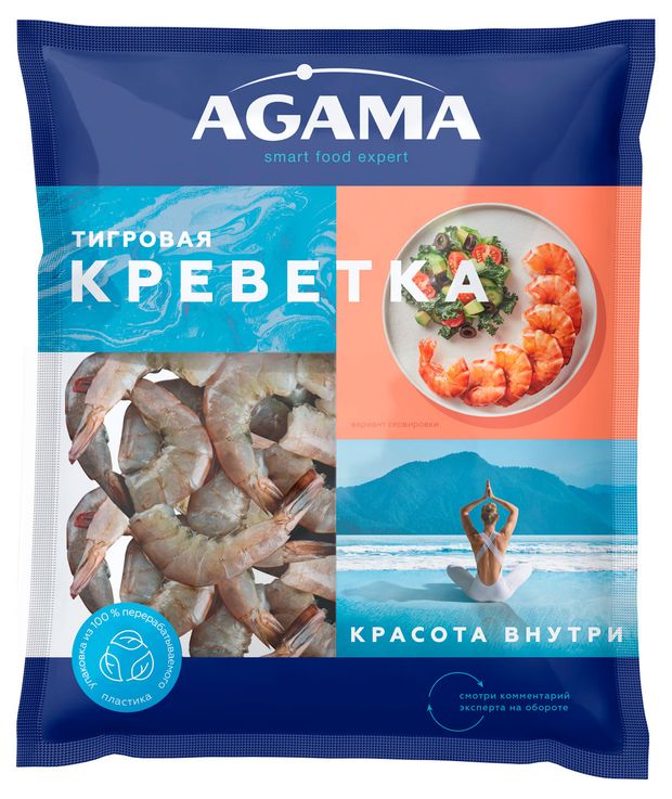 Креветки тигровые сыромороженые Agama 16/20 без головы с панцирем на хвосте, 400 г