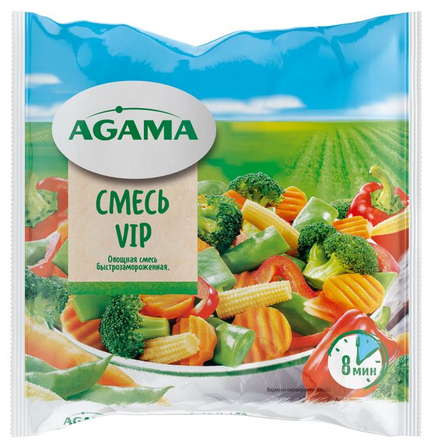 Овощная смесь Agama VIP морковь стручковая плоскоплодная фасоль перец сладкий капуста брокколи кукуруза мини замороженная, 400 г
