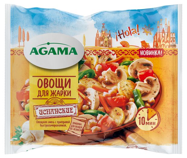 Овощная смесь Овощи для жарки Agama Испанские овощи с грибами и нутом с приправой замороженные, 400 г