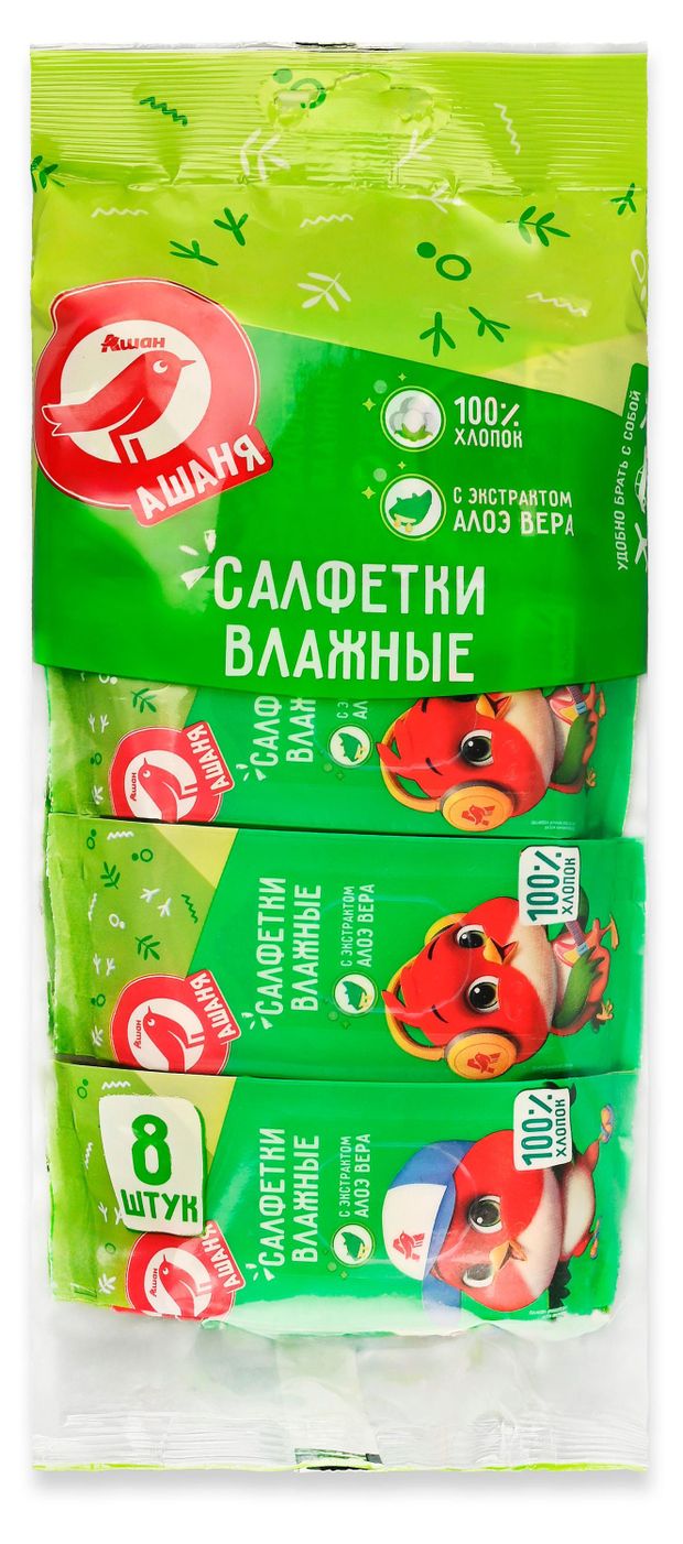 Влажные салфетки АШАН Красная птица Ашаня Семейные с алоэ вера, 8х8 шт