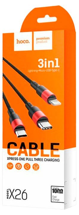 фото Кабель hoco x26 xpress 3 в 1 для lightning, micro usb type-c 2.0a, 1 м