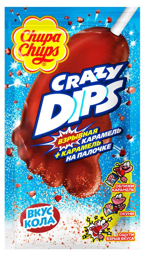 Карамель Chupa Chups Crazy Dips со вкусом колы со взрывной карамелью Китай, 14 г 1 шт