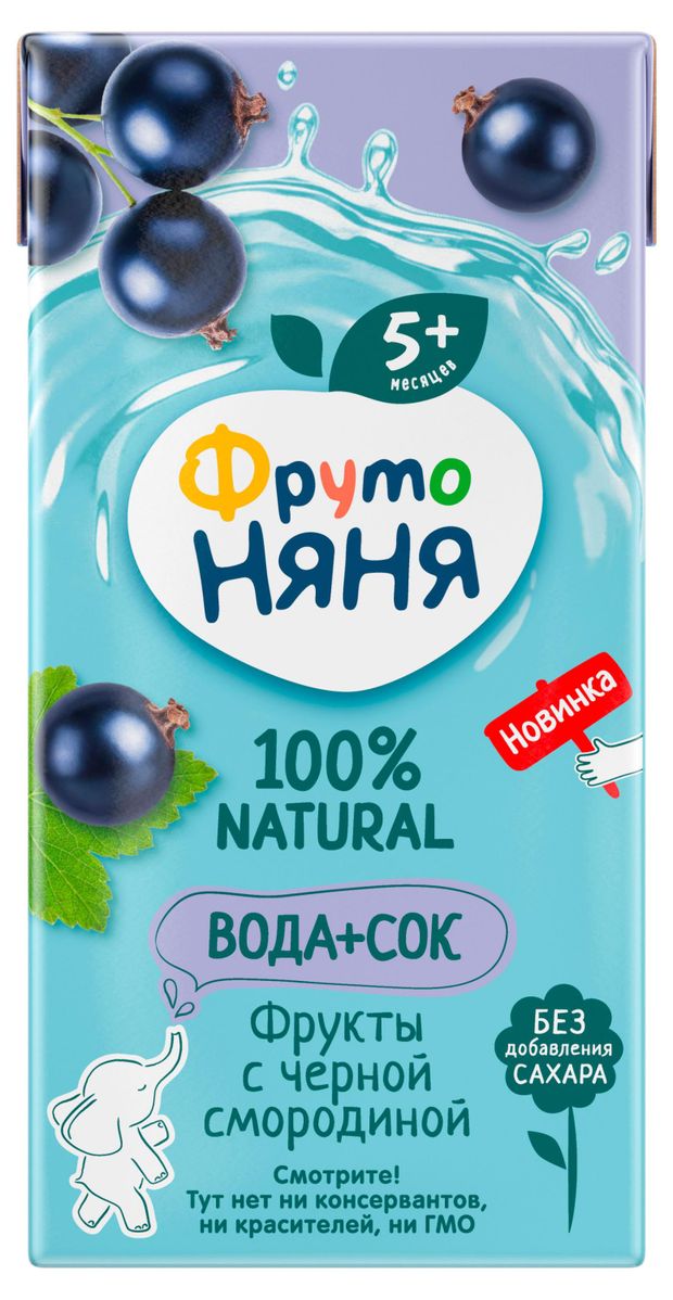 Напиток сокосодержащий ФрутоНяня Вода + сок фрукты с черной смородиной без добавления сахара 5+ мес., 200 мл