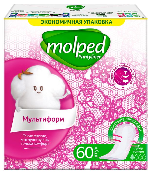 Прокладки ежедневные Molped Pantyliner Мультиформ дышащие 1 капля, 60 шт