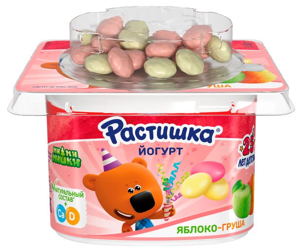 Йогурт детский густой ложковый Растишка Яблоко Груша Печенье в шоколаде с драже 3%, 118 г