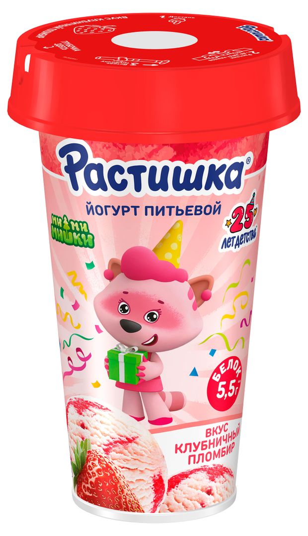 Йогурт питьевой детский Растишка с клубничным пломбиром 2.8% БЗМЖ, 190 г