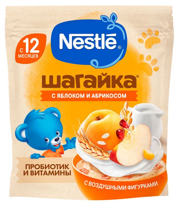 фото Каша молочная детская nestle шагайка мультизлаковая с фигурками из экструдированной пшеницы с гранатом с яблоком и кусочками абрикоса с 12 месяцев, 190 г nestlе