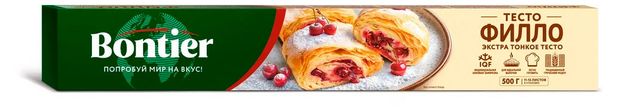 Тесто слоеное тонкое Bontier Fillo греческое для выпечки замороженное, 500 г