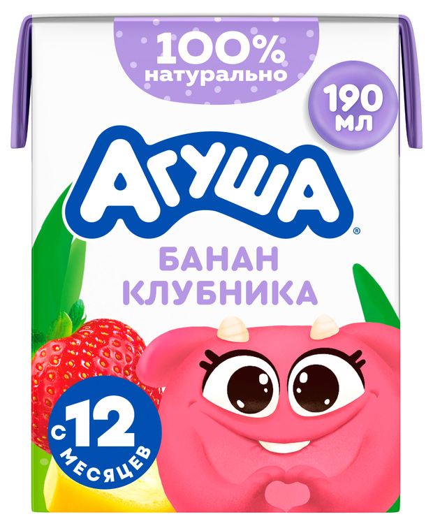 Коктейль молочный детский Агуша Клубника-Банан с ягодным соком 2% БЗМЖ с 12 мес, охлажденный, 190 мл