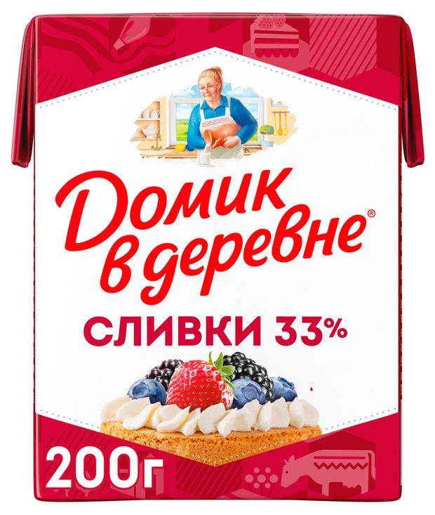 Сливки стерилизованные Домик в деревне для взбивания нормализованные 33% БЗМЖ, 200г