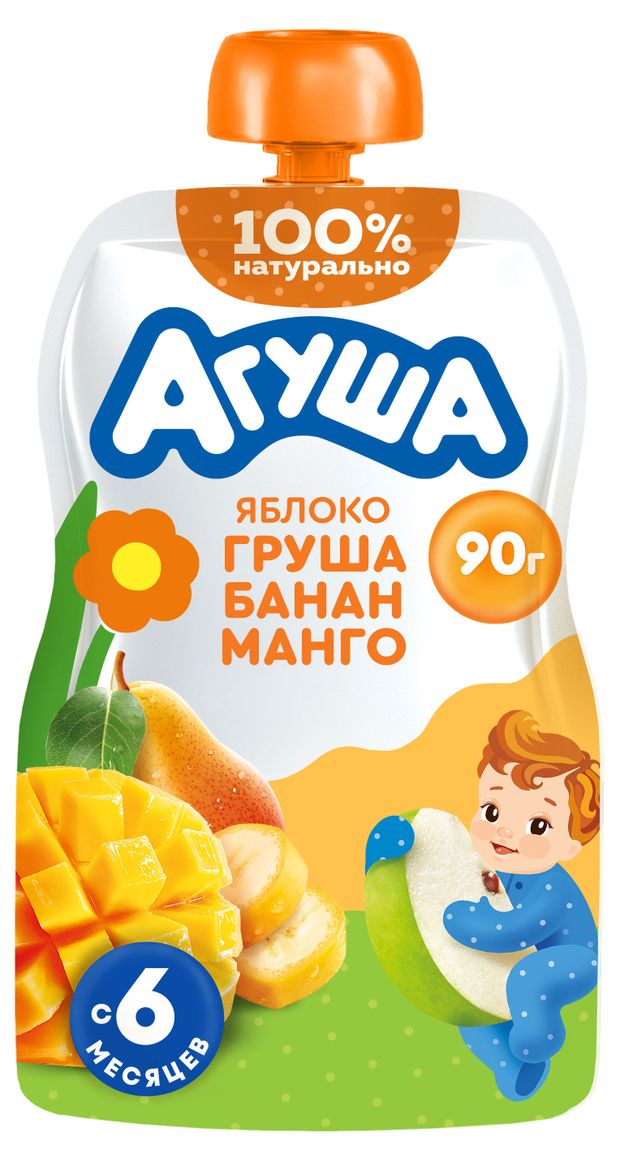 Пюре фруктовое Агуша яблоко-груша-банан-манго с 6 мес., 90 г